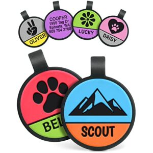 gotags silent silicone dog tag with fun and colorful design, personalized pet tag for dogs and cats, up to 5 lines of custom deep engraved text (round)