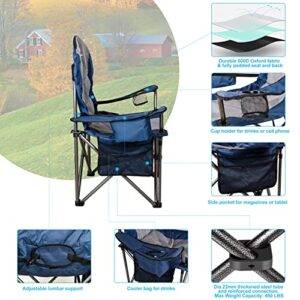 Mouthen Oversized Camping Chair with Lumbar Support, Outdoor Heavy Duty Folding Camp Arm Chair with Cooler Bag,Head and Side Pocket - 400 lbs Plus Weight Capacity