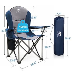 Mouthen Oversized Camping Chair with Lumbar Support, Outdoor Heavy Duty Folding Camp Arm Chair with Cooler Bag,Head and Side Pocket - 400 lbs Plus Weight Capacity