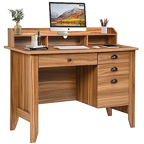 Computer Desk with Storage, Home Office Desk Vintage Desk with 4 Drawers & Hutch, Home Desk Computer Table Desk with Drawers for Bedroom, Farmhouse Desk, Rustic Oak