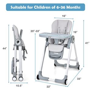 BABY JOY Baby High Chair, Folding Highchair w/ 4 Wheels, One-Step Brake, Removable Double Trays, Detachable PU, Flip-up Armrests, Adjustable Height, Backrest & Footrest for Infants & Toddlers (Gray)