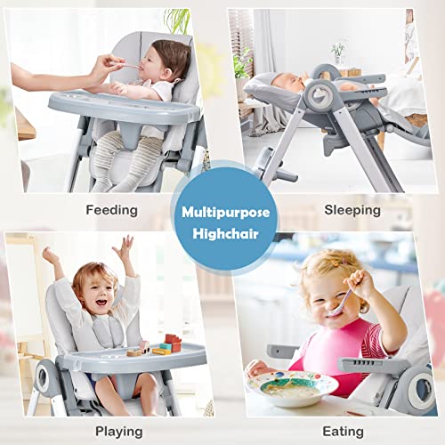 BABY JOY Baby High Chair, Folding Highchair w/ 4 Wheels, One-Step Brake, Removable Double Trays, Detachable PU, Flip-up Armrests, Adjustable Height, Backrest & Footrest for Infants & Toddlers (Gray)