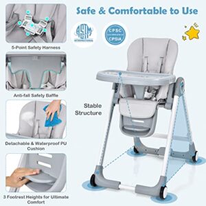 BABY JOY Baby High Chair, Folding Highchair w/ 4 Wheels, One-Step Brake, Removable Double Trays, Detachable PU, Flip-up Armrests, Adjustable Height, Backrest & Footrest for Infants & Toddlers (Gray)