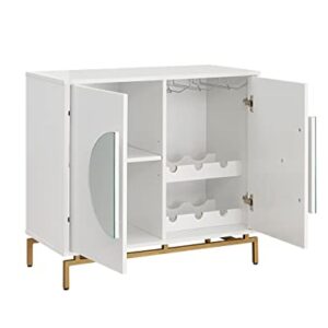 Home Source 31.5'' White Modern Bar Cabinet, Wooden Double Door Cabinet with Half Moon Handles, Storage Cabinet with Wine Rack, Solid Metal Legs, Spacious Counter Top