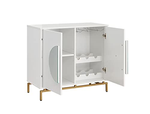 Home Source 31.5'' White Modern Bar Cabinet, Wooden Double Door Cabinet with Half Moon Handles, Storage Cabinet with Wine Rack, Solid Metal Legs, Spacious Counter Top