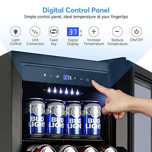 Tylza Mini Beverage Cooler Refrigerator Freestanding, 130 Cans Beverage Fridge with Glass Door for Beer Soda and Wine, Small Drink Fridge for Office or Bar with Adjustable Removable Shelves