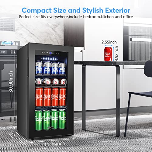 Tylza Mini Beverage Cooler Refrigerator Freestanding, 130 Cans Beverage Fridge with Glass Door for Beer Soda and Wine, Small Drink Fridge for Office or Bar with Adjustable Removable Shelves