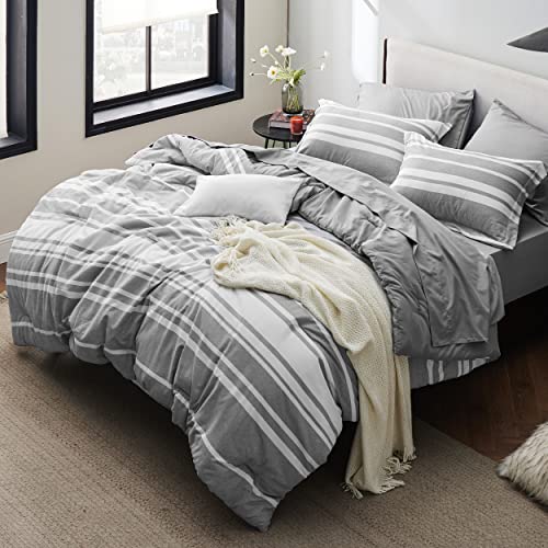 Bedsure Bed in a Bag Queen 7 Pieces, Grey White Striped Queen Bed Set Reversible, Cationic Dyeing Bedding Comforter Sets with Comforter, Sheets, Pillowcases & Shams