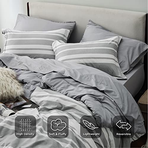 Bedsure Bed in a Bag Queen 7 Pieces, Grey White Striped Queen Bed Set Reversible, Cationic Dyeing Bedding Comforter Sets with Comforter, Sheets, Pillowcases & Shams