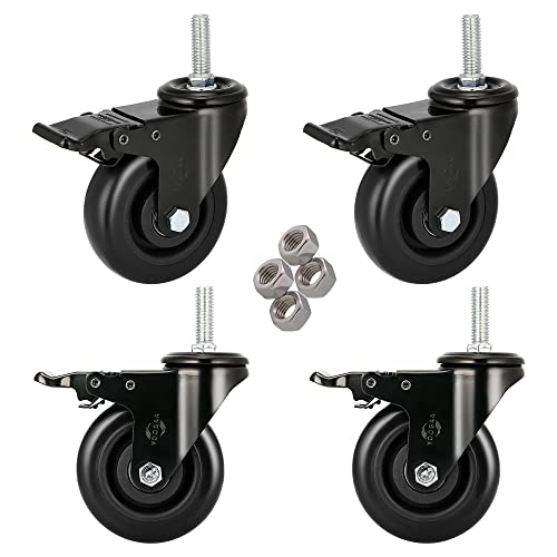 Stem Caster Wheels 5 inch Casters with Safety Dual Locking 1500Lbs Heavy Duty Threaded Stem Casters No Noise Swivel Castors with Brakes 1/2”-13x1.5”