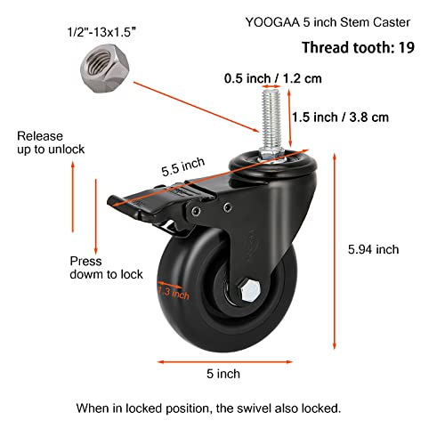 Stem Caster Wheels 5 inch Casters with Safety Dual Locking 1500Lbs Heavy Duty Threaded Stem Casters No Noise Swivel Castors with Brakes 1/2”-13x1.5”