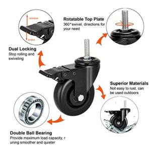 Stem Caster Wheels 5 inch Casters with Safety Dual Locking 1500Lbs Heavy Duty Threaded Stem Casters No Noise Swivel Castors with Brakes 1/2”-13x1.5”