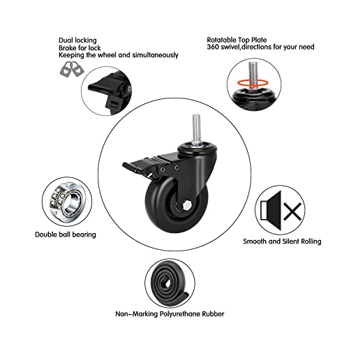 Stem Caster Wheels 5 inch Casters with Safety Dual Locking 1500Lbs Heavy Duty Threaded Stem Casters No Noise Swivel Castors with Brakes 1/2”-13x1.5”