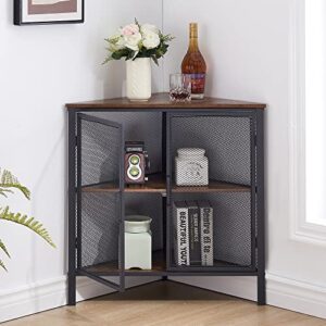 vecelo corner cabinet with two doors and shelves, free-standing storage organizer for small space in living room/bedroom/kitchen, brown and black