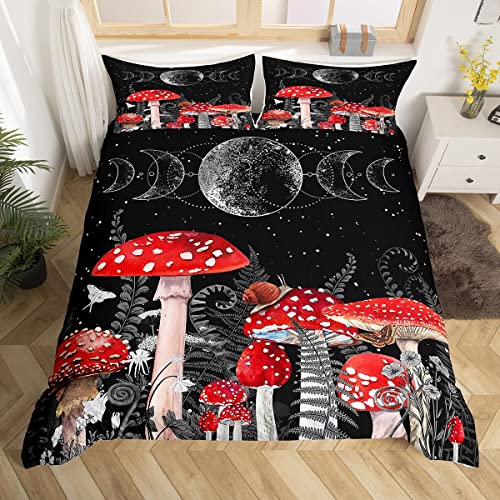 Mushroom Cartoon Duvet Cover Twin Size, Sun Moon Exotic Bedding Sets, Botanical Theme Comforter Cover with 1 Pillowcase, Black Red