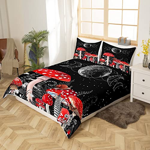 Mushroom Cartoon Duvet Cover Twin Size, Sun Moon Exotic Bedding Sets, Botanical Theme Comforter Cover with 1 Pillowcase, Black Red