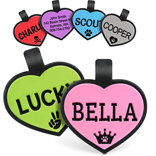 GoTags Silicone Dog Tags, Soundless Pet Tag, Personalized Silent Tag Engraved for Pets with Cute Custom Designs, for Dogs and Cats, Heart