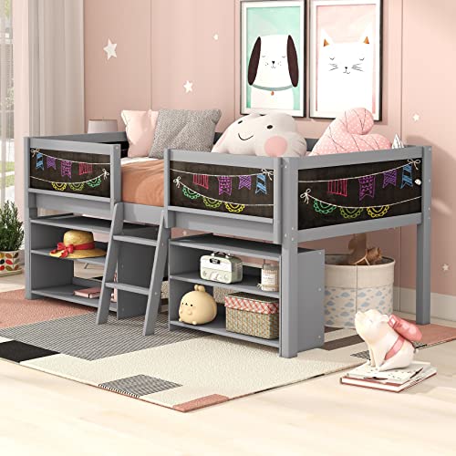 Low Loft Beds with 2 Movable Shelves Twin Loft Bed Frame with Chalkboard Modern Farmhouse Junior Bed for Kids Boys Girls, Gray