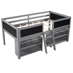 Low Loft Beds with 2 Movable Shelves Twin Loft Bed Frame with Chalkboard Modern Farmhouse Junior Bed for Kids Boys Girls, Gray