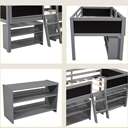 Low Loft Beds with 2 Movable Shelves Twin Loft Bed Frame with Chalkboard Modern Farmhouse Junior Bed for Kids Boys Girls, Gray