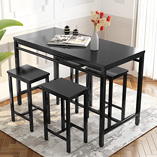 AWQM 5 Piece Bar Table Set, Modern Counter Height Dining Table and Chairs Set for 4, Wood Kitchen Table and 4 Bar Stools for Small Spaces, Apartment, Pub, Dining Room (Black)