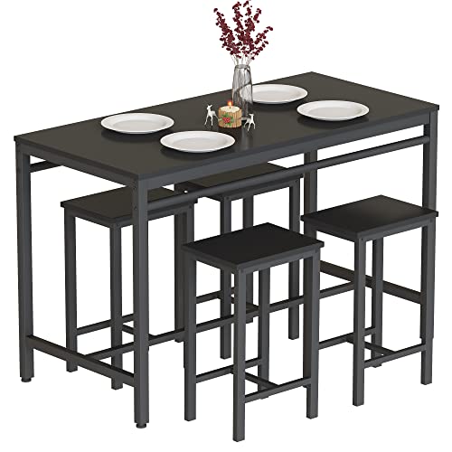 AWQM 5 Piece Bar Table Set, Modern Counter Height Dining Table and Chairs Set for 4, Wood Kitchen Table and 4 Bar Stools for Small Spaces, Apartment, Pub, Dining Room (Black)