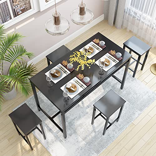 AWQM 5 Piece Bar Table Set, Modern Counter Height Dining Table and Chairs Set for 4, Wood Kitchen Table and 4 Bar Stools for Small Spaces, Apartment, Pub, Dining Room (Black)