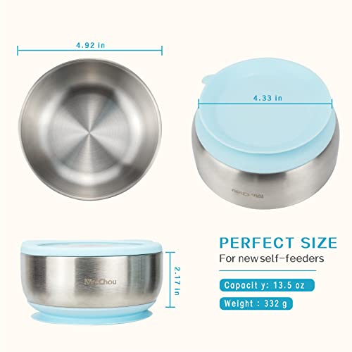 MR. CHOU Baby Bowls with Non-Slip Silicone Suction Cup, Insulated Double-Layer 304 Stainless Steel Toddler Bowls with BPA Free Airtight Lids, Food-Grade Silicone Safe for Kids (Blue)
