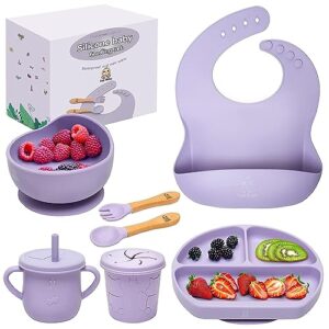 digi baby 7 piece complete feeding set, led weaning supplies, boy-girl silicone utensils, toddler suction plate-bowl, adjustable bib, snack cup with lid, water cup, fork-spoon, eating purple