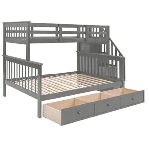 Harper & Bright Designs Twin Over Full Bunk Bed with Storage Drawer, Wood Bunk Beds with Stairway, Storage Shelf and Full-Length Guard Rail, Kids bunk Bed Twin Over Full, No Box Spring Needed (Gray)