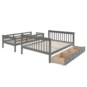 Harper & Bright Designs Twin Over Full Bunk Bed with Storage Drawer, Wood Bunk Beds with Stairway, Storage Shelf and Full-Length Guard Rail, Kids bunk Bed Twin Over Full, No Box Spring Needed (Gray)