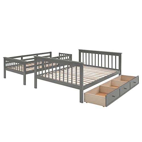 Harper & Bright Designs Twin Over Full Bunk Bed with Storage Drawer, Wood Bunk Beds with Stairway, Storage Shelf and Full-Length Guard Rail, Kids bunk Bed Twin Over Full, No Box Spring Needed (Gray)