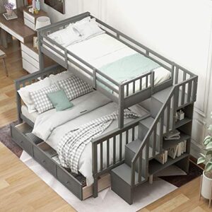 Harper & Bright Designs Twin Over Full Bunk Bed with Storage Drawer, Wood Bunk Beds with Stairway, Storage Shelf and Full-Length Guard Rail, Kids bunk Bed Twin Over Full, No Box Spring Needed (Gray)