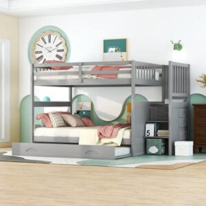 harper & bright designs bunk beds full over full size, wood full bunk bed with trundle bed, bunk beds with stairway for kids teens adults, no spring box needed (grey, can be convertible to 2 beds)