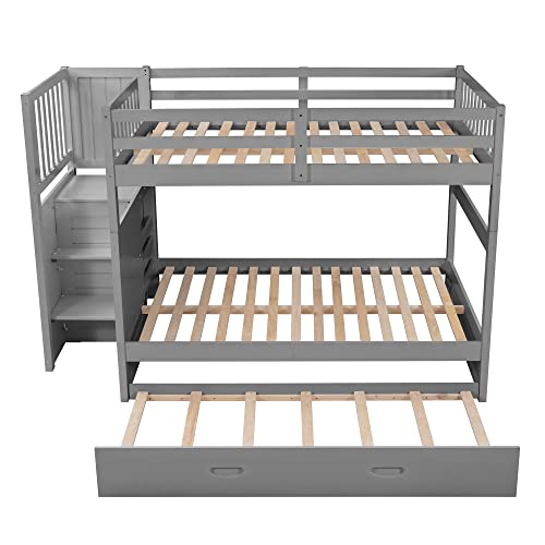 Harper & Bright Designs Bunk Beds Full Over Full Size, Wood Full Bunk Bed with Trundle Bed, Bunk Beds with Stairway for Kids Teens Adults, No Spring Box Needed (Grey, Can be Convertible to 2 Beds)