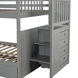 Harper & Bright Designs Bunk Beds Full Over Full Size, Wood Full Bunk Bed with Trundle Bed, Bunk Beds with Stairway for Kids Teens Adults, No Spring Box Needed (Grey, Can be Convertible to 2 Beds)