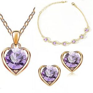 mzlyq 3pcs crystal heart pendant necklace earrings bracelet set hypoallergenic purple love heart pendant jewelry for women teen girls daughter gifts(purple)