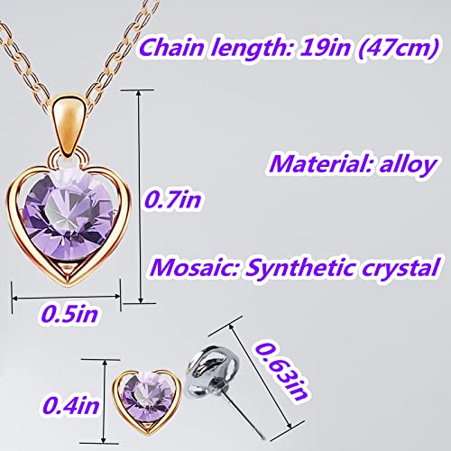 MZLYQ 3pcs Crystal Heart Pendant Necklace Earrings Bracelet Set Hypoallergenic Purple Love Heart Pendant Jewelry for Women Teen Girls Daughter Gifts(purple)