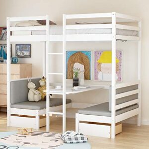 twin over twin bunk beds convertible dorm loft bed and down desk for teens, boys or girls, no box spring needed white