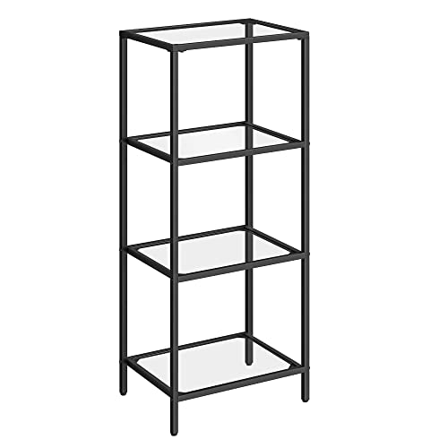 VASAGLE Bookcase, 4-Tier Bookshelf, Slim Shelving Unit for Bedroom, Bathroom, Home Office, Tempered Glass, Steel Frame, Black ULGT028B61