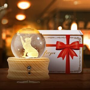 DCOVOR Crystal Ball Music Box, 3D Rotating Globe with Warm Light Projection, Wood Base USB Charging Musical Box, Gift for Women Men Girls Boys Birthday Christmas Thanksgiving Mothers Day (Cat)