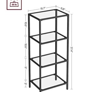 VASAGLE Bookcase, 4-Tier Bookshelf, Slim Shelving Unit for Bedroom, Bathroom, Home Office, Tempered Glass, Steel Frame, Black ULGT028B61