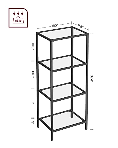 VASAGLE Bookcase, 4-Tier Bookshelf, Slim Shelving Unit for Bedroom, Bathroom, Home Office, Tempered Glass, Steel Frame, Black ULGT028B61