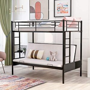 Twin Over Futon/Full Bunk Bed Convertible Metal Bunk Beds Couch and Bed for Kids Boys Girl Adults Teens Dorm, Black