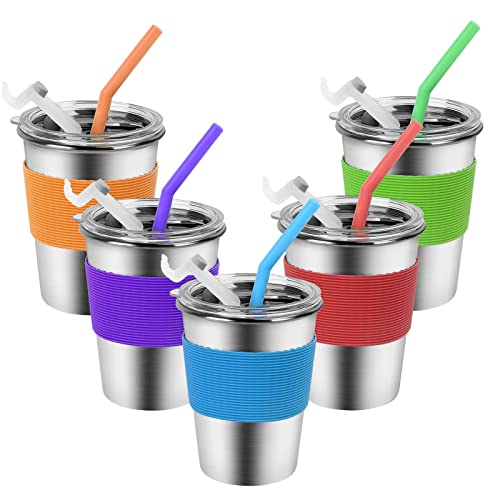 Yummy Sam Kids Stainless Steel Cups with Silicone Straws and Lids,Spill-proof Metal Tumblers for New year Dishwasher Safe,Toddler Cups with Heat-insulated Sleeves for Outdoors and Indoor.5 Pack 12oz