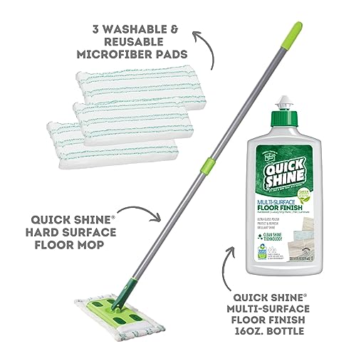 Quick Shine Sustainable Hard Surface Floor Mop Kit with 3 Reusable Pads & 1 Safer Choice Floor Finish Cleaner 16oz | Use Wet + Dry | Squirt, Spread, Done | Hardwood, Luxury Vinyl Plank, Laminate