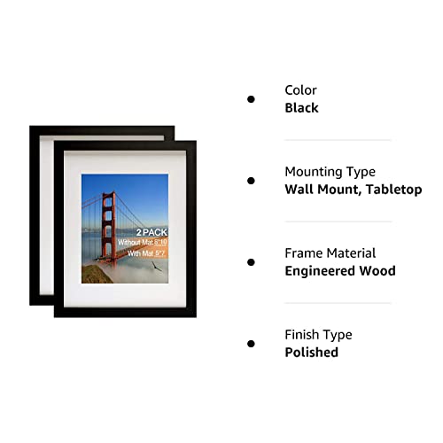 Picture Frames 8x10 Picture Frame Set of 2，Display Pictures 5x7 with Mat or 8x10 Without Mat Real Glass and Composite Wood for Wall or Tabletop Display Pre-Installed Wall Mounting Hardware，Black