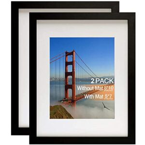 picture frames 8x10 picture frame set of 2，display pictures 5x7 with mat or 8x10 without mat real glass and composite wood for wall or tabletop display pre-installed wall mounting hardware，black