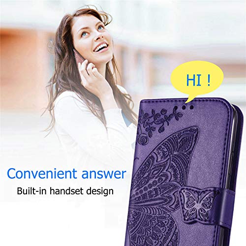 Wallet Case for Samsung Galaxy A03s,PU Leather Wallet Flip Protective Phone Case Wrist Strap Card Slots Holder Pocket Emboss Butterfly Flower Stand Case for Samsung Galaxy A03s Purple