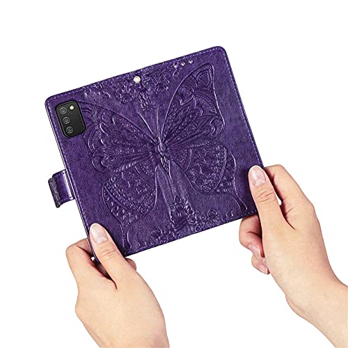 Wallet Case for Samsung Galaxy A03s,PU Leather Wallet Flip Protective Phone Case Wrist Strap Card Slots Holder Pocket Emboss Butterfly Flower Stand Case for Samsung Galaxy A03s Purple